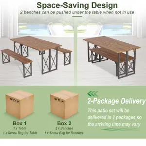 Costway 3 Pieces Outdoor Picnic Table & Bench Set Garden Wooden Dining Table w/ Umbrella Hole