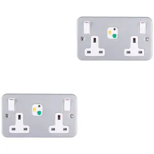 2 PACK 2 Gang Double 13A Swithed UK Plug Socket - 30mA Passive RCD - METAL CLAD