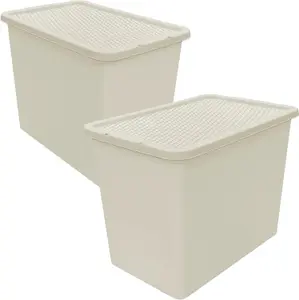 2 x Cream 80L Rattan Effect Large Plastic Stackable Home Office Storage Containers With Lids