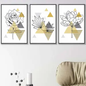 Set of 3 Framed Yellow and Grey Geometric Flowers Wall Art Prints / 42x59cm (A2) / Dark Grey Frame