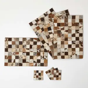 Homescapes Block Check Brown Leather Placemats Set of 4