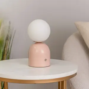 ValueLights Marlow Rechargeable Touch Button Table Lamp with Opal Globe Lampshade - Blush Pink