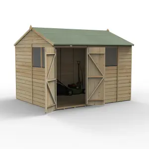 Forest Garden Beckwood Shiplap 10x8 ft Reverse apex Natural timber Wooden Pressure treated 2 door Shed with floor & 4 windows - Assembly service included