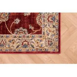 Red Traditional Bordered Floral Rug Easy to clean Dining Room-66 X 240cmcm (Runner)