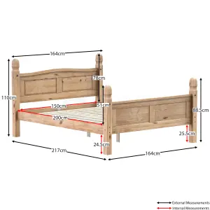 Vida Designs Corona 5ft King Size Solid Wood Bed Frame Distressed Waxed Pine, High Foot End, 200 x 150cm