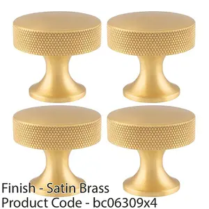 4 PACK - Knurled Flared Stem Cabinet Door Knob - 38mm Satin Brass Cupboard Pull Handle