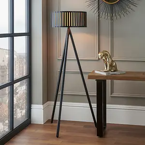 Slatted Black Wood Tripod Floor Lamp