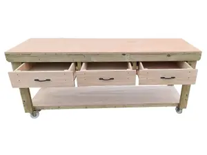 Wooden Eucalyptus hardwood top workbench, tool cabinet with drawers (V.1) (H-90cm, D-70cm, L-240cm) with wheels