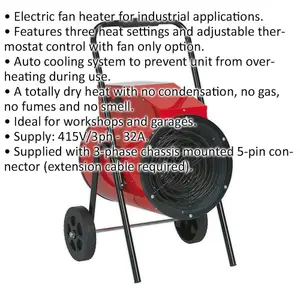 15 kW Industrial Electric Fan Heater - 3 Heat Settings - Thermostat Control