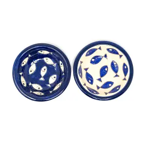 Signature Blue & White Fish Hand Painted Ceramic Set of 2 Mixed Tapas Bowls (Diam) 12cm