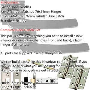 Door Handle & Latch Pack - Satin Chrome - Slim Curved Bar Lever On Square Rose