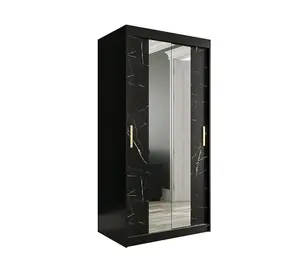 Compact Black Geneva T1 Mirrored Sliding Door Wardrobe W1000mm H2000mm D620mm - Sleek Design, Efficient Storage with Gold Handles