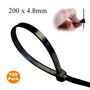 100 x Black Releasable Cable Ties 200mm x 4.8mm Reusable Wire Tidy Zip Wrap Straps