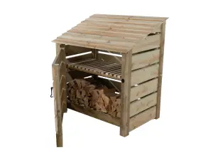 Slatted wooden log store with door and kindling shelf W-119cm, H-126cm, D-88cm - natural (light green) finish