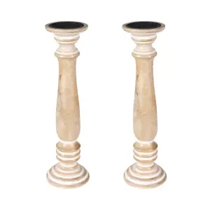 Rustic Antique Carved Wooden Pillar Church Candle Holder Beige, Large 31cm High