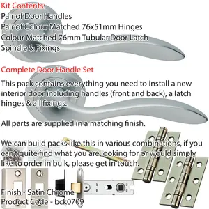 Door Handle & Latch Pack - Satin Chrome - Smooth Scroll Lever On Round Rose