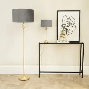 ValueLights Maggie Gold Candlestick Floor Lamp with Grey Velvet Lamp Shade and LED Bulb