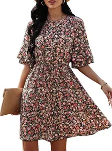 Anrabess Women's Summer Floral Print Ruffle Mini Dress Bell Sleeve Elastic Waist Casual A Line Swing Beach Dress