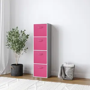 URBNLIVING 106cm Height Grey 4-Tier Cube Shelving Unit with Dark Pink Inserts