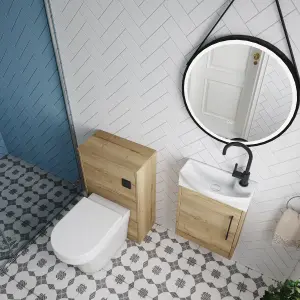 Power Cloakroom Bundle - Left Wall Hung Vanity Unit, Concealed Cistern WC Unit, Toilet & Tap, 440mm - Oak/Black - Balterley