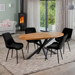 Dosenna Oval Dining Table Set with 4 Bovino Velvet Chairs - Black