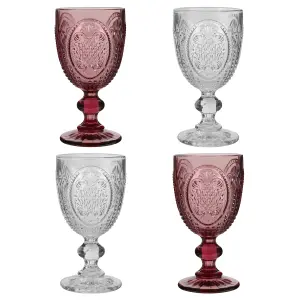 Set of 4 Vintage Luxury Pink & Clear Drinking Wine Glass Wine Goblets 310ml