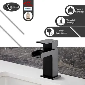 BATHWEST Matte Black Basin Mixer Taps Waterfall Square Mono Bathroom Sink Mixer Tap