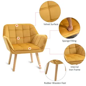 HOMCOM Luxe Velvet-Feel Accent Chair w/ Wide Arms Slanted Back Wood Legs Yellow