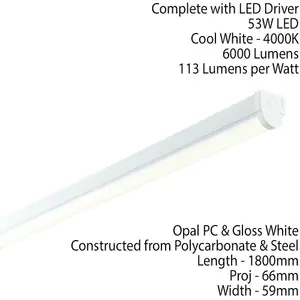 6ft SINGLE 53W Cool White LED Linear Ceiling Strip Light Slim Batten Lamp 6000Lm