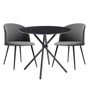 Hallowood Furniture Cullompton Small Round Black Dining Table 90cm with 2 Curved-back Dark Grey Fabric Chairs