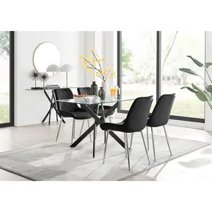 Lenworth Glass Rectangular Dining Table Set with 4 Luxury Velvet Chairs Black/Silver / Black