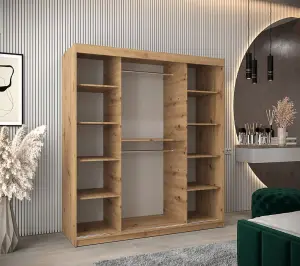 Elypse Contemporary 2 Mirrored Sliding Door Wardrobe 9 Shelves 2 Rails Artisan Oak Effect (H)2000mm (W)1800mm (D)620mm