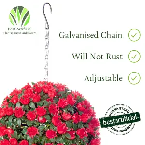 Best Artificial 23cm Red Rose Hanging Basket Flower Topiary Ball - Suitable for Outdoor Use - Weather & Fade Resistant