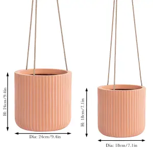 Set of 2 Rib Terracotta Hanging Pots Planter Indoor Outdoor Garden Houseplant Flower Plant Pots