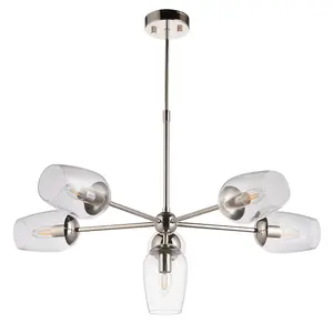 Luminosa Livorno Multi Arm Pendant Ceiling Light Bright Nickel Plate, Clear Glass