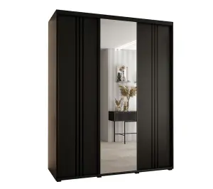 Modern Black Cannes VII Sliding Wardrobe H2050mm W2000mm D600mm with Custom Black Steel Handles and Decorative Strips