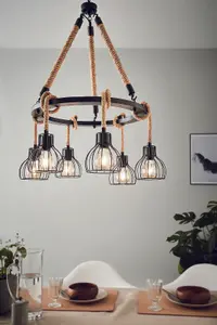 6 Bulb Ceiling Pendant & 2x Matching Wall Lights Black Rope Trendy Feature Lamp