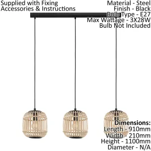 Hanging Ceiling Pendant Light Black & Wicker Cage 3 x 28W E27 Island Lamp