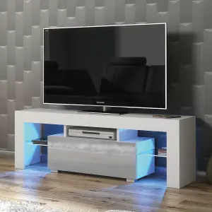 Floe TV Unit 130cm White & Grey with High Gloss Doors and LED Lighting - Creative Furniture