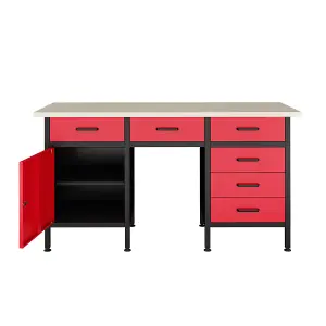 POLLOR 160 cm Steel Workbench Storage Desk Tool With 6 Drawers Garage Workshop Workstation Red & Black