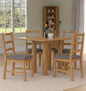 Hallowood Furniture Waverly Small Folding Table with 4 Ladder Back Oak Chairs with Steel Grey Fabric Seats