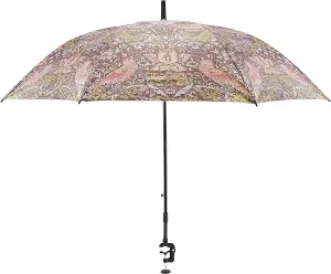 Clip on William Morris Parasol Umbrella with Universal Screw Clamp for Garden Chair or Lounger - Strawberry Thief Design