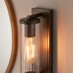 Dark Bronze Bathroom Wall Light & Ribbed Cylinder Glass Shade IP44 Rated Fitting