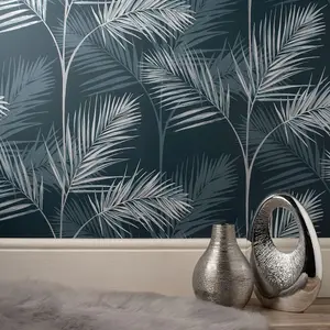 South Beach Palm Leaf Wallpaper Navy Blue Fine Decor FD42681