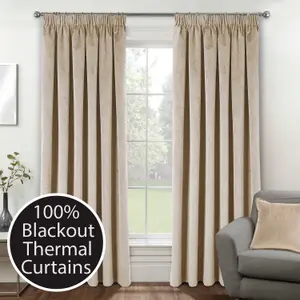 Luxury Enhanced Living Cream Velvet, Supersoft, 100% Blackout, Thermal Pair of Curtains with Tape Top - 66 x 72 inch (168x183cm)