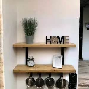 50cm Double Rustic Wooden Shelves Wall-Mounted Shelf with Seated Double Black L Brackets, Solid Timber - Ideal for Kitchen