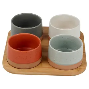 URBNLIVING 5 Pc Stoneware Serving Condiment Sets Snack Dishes Bamboo Board Platter