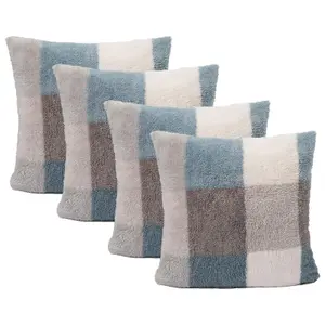 4 Pack Gingham Check Teddy Fleece Soft Cushion Covers, Blue - 45 x 45cm