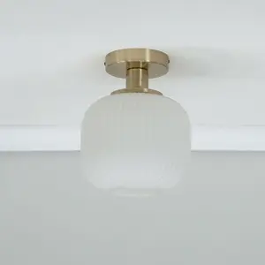 ValueLights Calpe Gold Flush Ceiling Light with Ribbed Frosted Glass Shade - LED Bulb Included