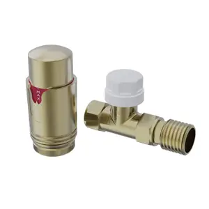 Right Radiators Brushed Brass Straight Thermostatic TRV & Manual Radiator Valves 15mm x 1/2" One Pair